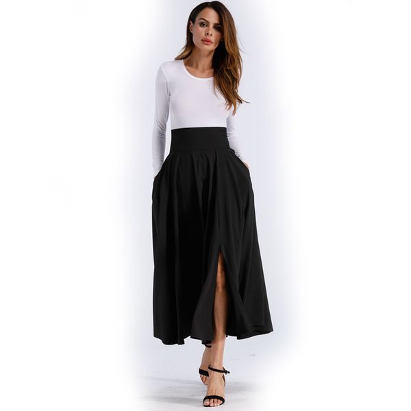 

back straps bowknot high waist long swing skirt with pockets, Black