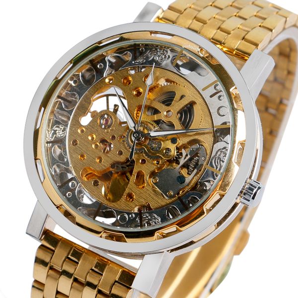 

mens watches gold luxury full stainless steel mechanical watch wrist watch skeleton automatic men golden clock hour 2016 new, Slivery;brown