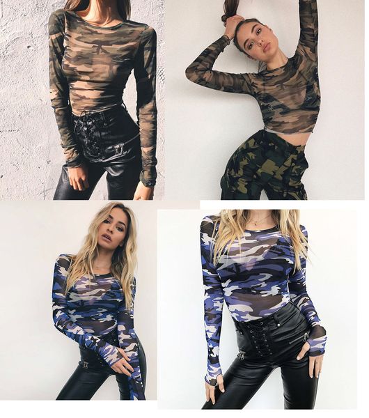 Seksi Uzun Kollu Sheer Mesh Askeri Camo Kamuflaj T-Shirt Tee Kırpılmış Kırpma Üst Iki Renk Boyutu (S M L)