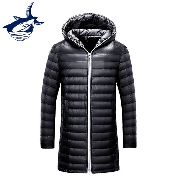 

brand long duck down jacket men ultra thin down jacket hat fashion slim fit winter ultra-light men's long coat, Black