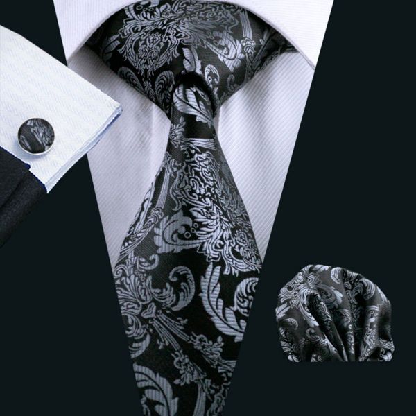 

ls-822 mens tie black paisley 100% silk classic barry.wang tie hanky cufflinks set for men formal wedding party groom sell, Blue;white