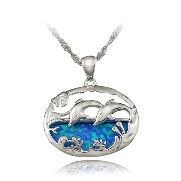 

haimis the chain pretty dolphin synthetic blue fire opal women jewelry silver plated pendant 1 1/8 inch op416 gift box, Black