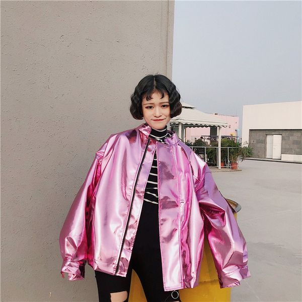 

flash sale 2018 autumn women street loose metal color silver pink stand neck coat punk party fashion jacket limited supply, Black;brown