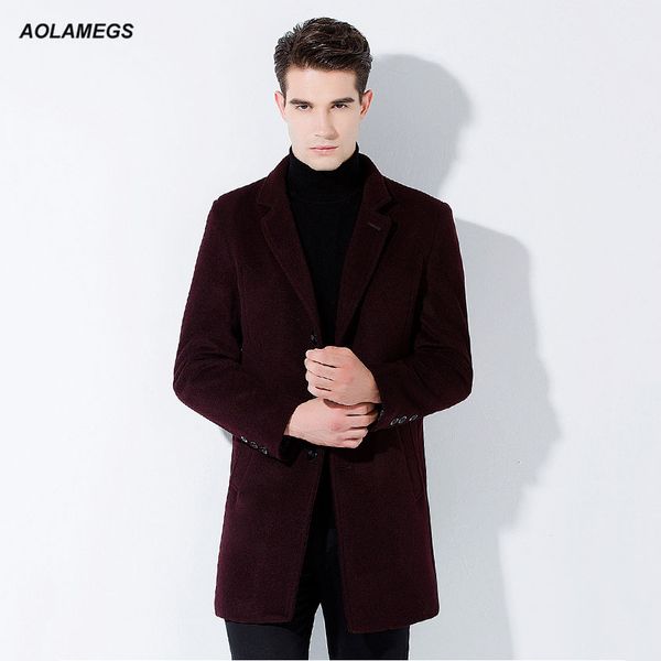 

aolamegs men woolen coats wool blends jacket autumn winter slim fit business casual outwear men's windbreaker coat, Black