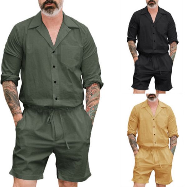 

2018 new men short romper sleeve casual cargo pants jumpsuit siamese trousers playsuit ca 2pc, Gray