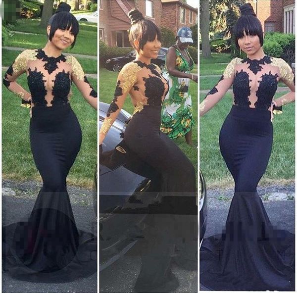 

2018 New African Satin Black Gold Applique Mermaid Prom Dresses Long High Neck Sexy See Through Open Back Long Sleeve Prom Evening Gowns
