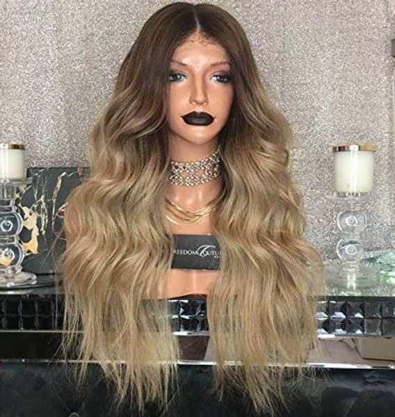 

mhazel brown ombre blonde middle part synthetic loose curly synthetic glueless front lace wig middle part, Black
