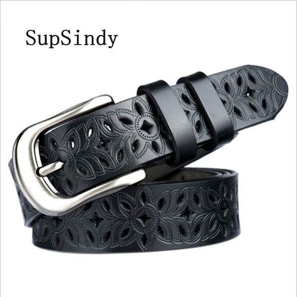 

supsindy leather belts for women fashion pin buckle female waistband luxury black hollow leather women's jeans belt high quality, Black;brown