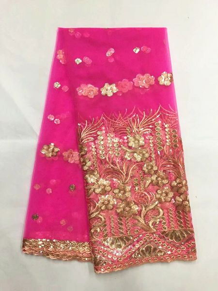

5 yards/pc beautiful fuchsia pink french net lace with gold sequins african mesh lace fabric for dress jn2-1