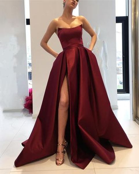 Alta fenda vestidos de noite longo strapless bola vestidos de cetim aberto volta ruched vermelho escuro prom vestido de festa formal barato