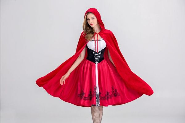 

красная шапочка плащ cap костюм платье хэллоуин печати красное платье замок королева косплей женские костюмы партии наборы платье, Black;red
