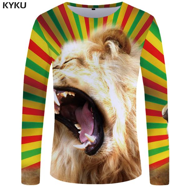 

kyku lion long t shirt men colorful tshirt angry animal 3d print t-shirt hip hop anime mens clothing casual long sleeve shirt, White;black