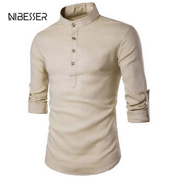 

nibesser solid color long sleeve men's shirts stand collar male shirts plain heine collar men shirt casual lapel male shirt, White;black