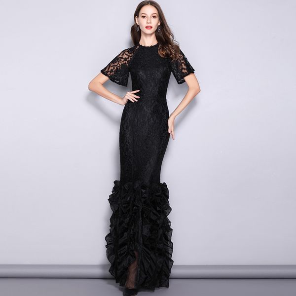 

women's runway designer dresses o neck short sleeves embroidery lace prom ruffles mermaid long party dresses, Black