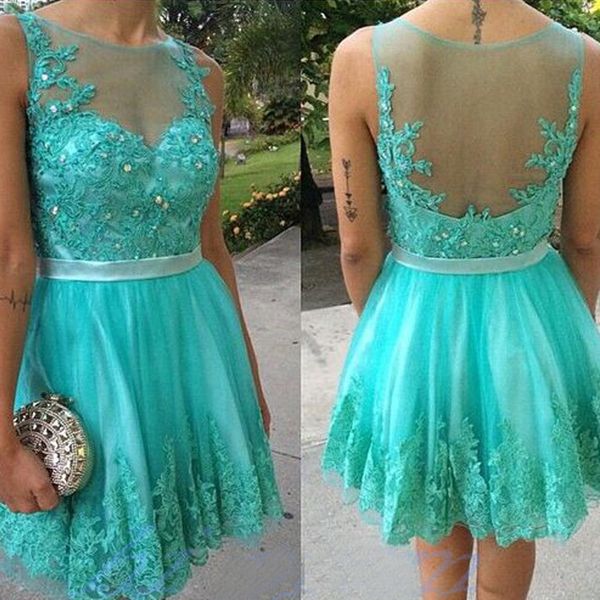 Turquesa Curto Vestidos de Baile Sheer Bateau Pescoço Sem Mangas Cristais Beads Lace Apliques de Tule Formal Vestidos de Festa com Sash