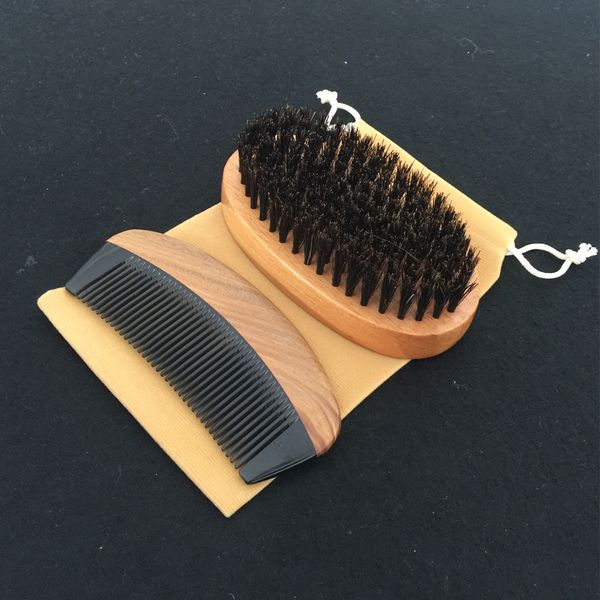 

new 3in1 boar bristle brush & horn wood pocket comb cotton bag set travel carry makeup fashion hair care styling tool men beard grooming