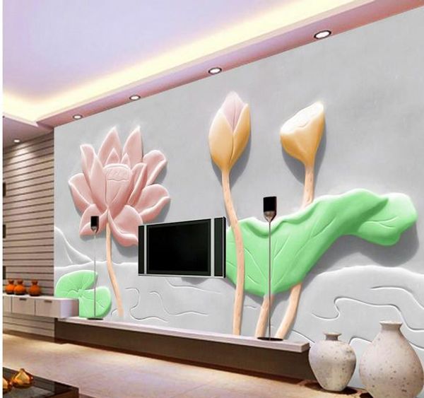 

lotus leaf elegant plaster relief tv wall modern wallpaper for living room