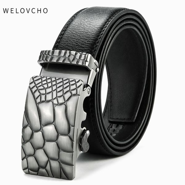 

welovcho new fashion designer belts for men sliding buckle ratchet luxury leather male belt automatic ceinture homme, Black;brown