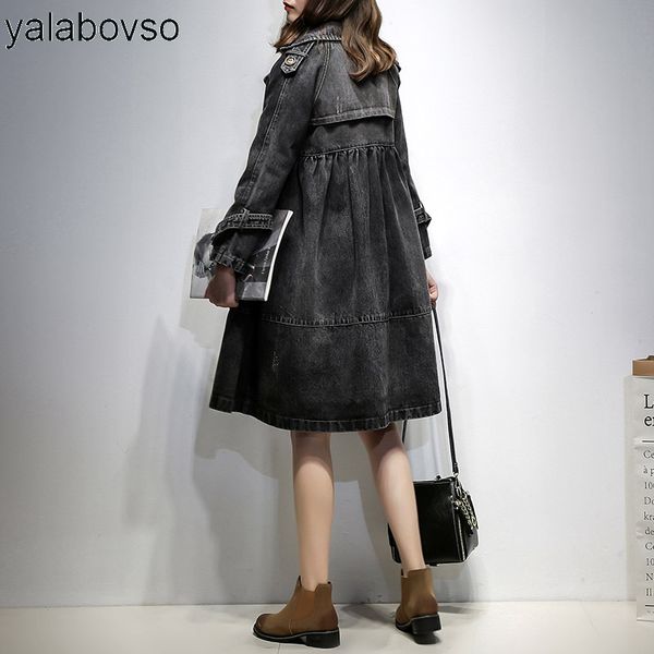 

office lady denim blue black color windcoat loose double breasted button pocket patchwork fashion cowboy coat for woman a0g z20, Tan;black