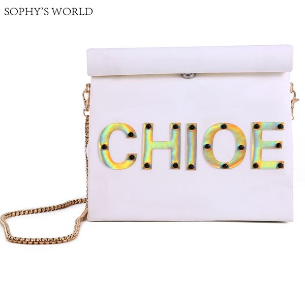 

customized letters women's handbag personality bag kraft paper runway clutch bag chains shoulder roll rim party purse
