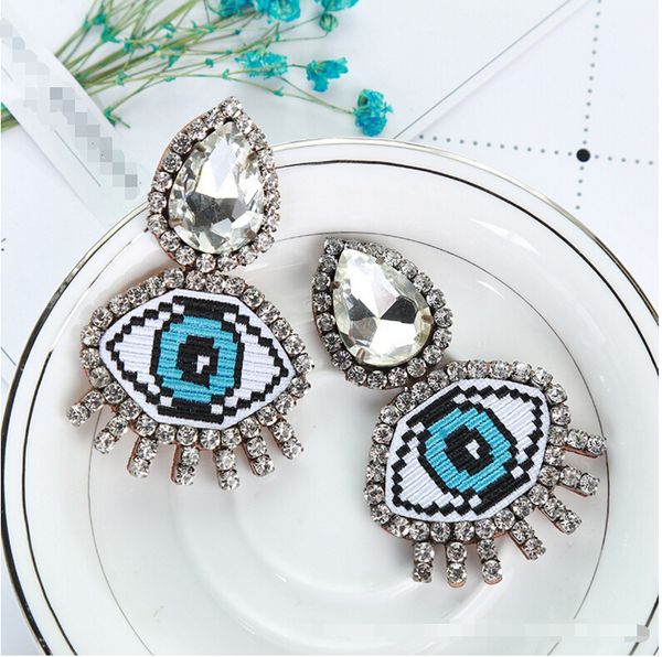 

2018 funny blue evil eye crystal big expression emoji embroidery rhinestone earrings without piercing no hole, Silver