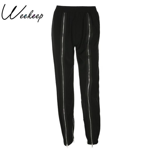 

weekeep high waist elastic waist pants women fashion casual black front zipper pencil pants 2018 spring autumn trousers women, Black;white
