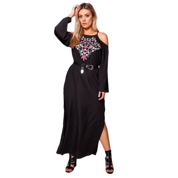 

plus size off-shoulder floral embroidery dress women solid black long sleeve dress female ankle-length 6xl 7xl, White;black