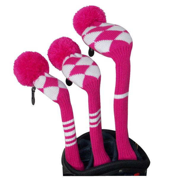 

rose/ white classic argyle style ladies' knit golf headcover set of 3 for driver/fairway/, handcraft golf gift