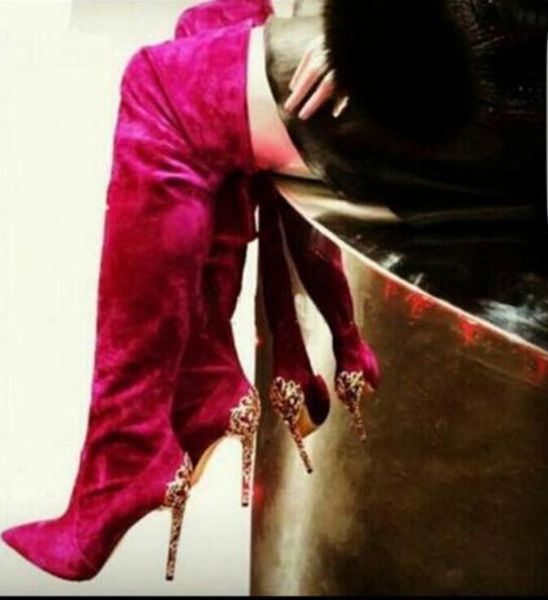 2018 Stivali alti alla coscia Decorazioni sexy in metallo Tacchi a spillo Stivali sopra il ginocchio Zapatos Mujer Scarpe da festa Donna