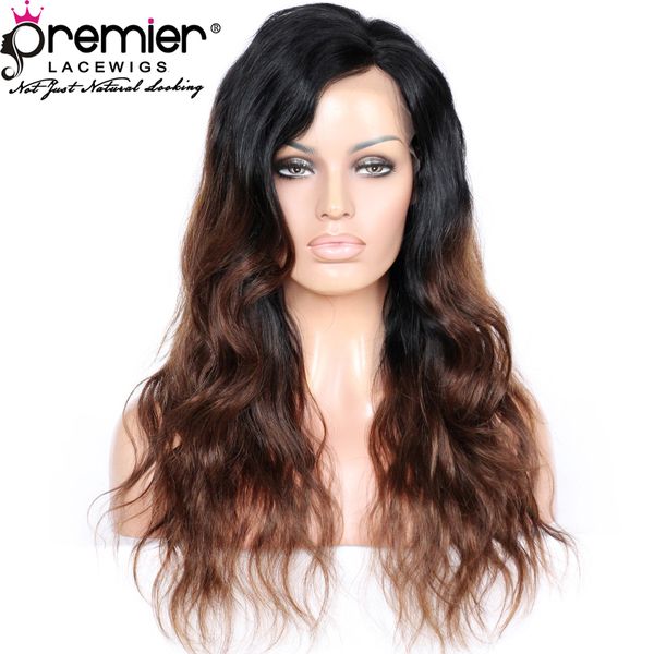 

premier lace front wigs indian remy human hair 150% density 18inches ombre long wavy hairstyle for women, Black;brown