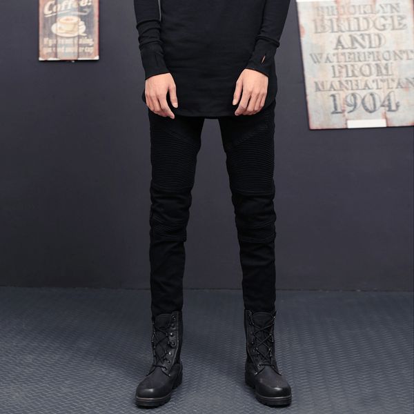 

high street men skinny jeans pants 2018 fashion black motorcycle biker jeans men male hip hop pleated stretch denim homme, Blue