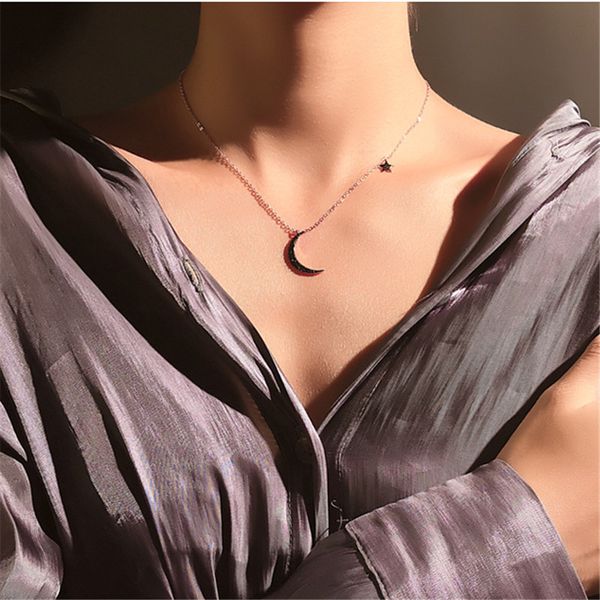 

100% 925 sterling silver black crystal star moon charm necklaces & pendants for women lady gift fashion jewelry chokers dz696