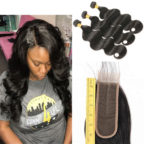 

brazilian virgin hair bundles with closure 100% real human hair peruvian malaysian virgin hair 3 bundles with 2x6 middle part lace closure, Black