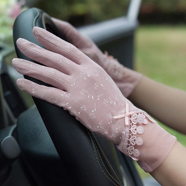 

lady lace gloves girls summer sunscreen mittens women' cotton breathable floral short drive outdoor guantes luva feminina b8357, Blue;gray