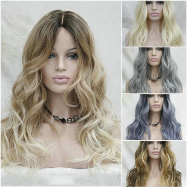 Kostenloser Versand, bezaubernd, schön, neu, heißer Verkauf, synthetische blonde Spitze-Front-Perücke, gerade, lockiges, langes, gewelltes Haar mit Farbverlauf, Ombre-Perücke