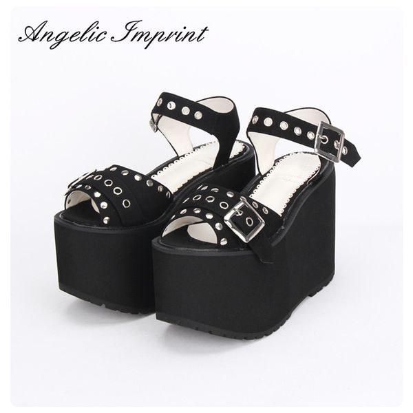 

women's super high heels thick platform black rivet peep toe wedges japan harajuku lolita punk sandals