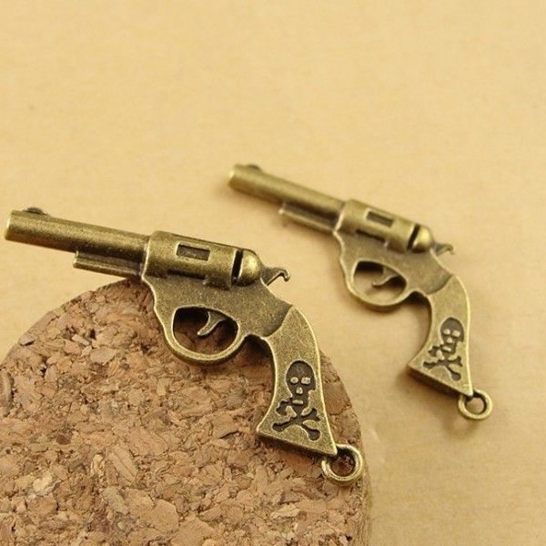 

120 pcs 35*20mm antique brass gun charms pendant - western cowboy gun charm, pistol gun charm, revolver vintage style jewelry, Bronze;silver