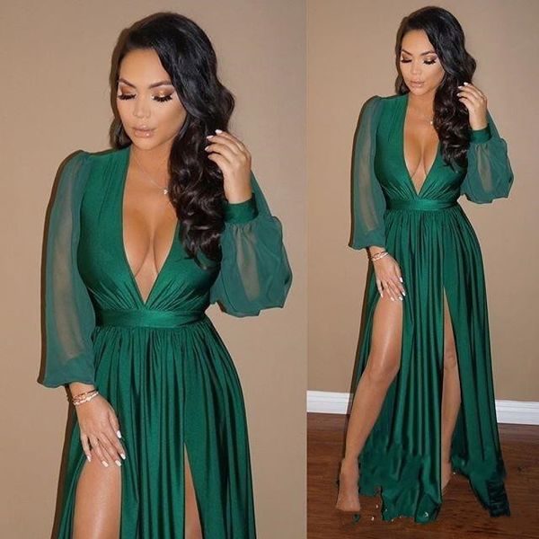 

2018 Fashion Hunter Green Sexy Plunging V Neck Long Evening Dresses Sheer Long Sleeves High Split Prom Gowns Floor Length Wear Dress Cheap, Black;red