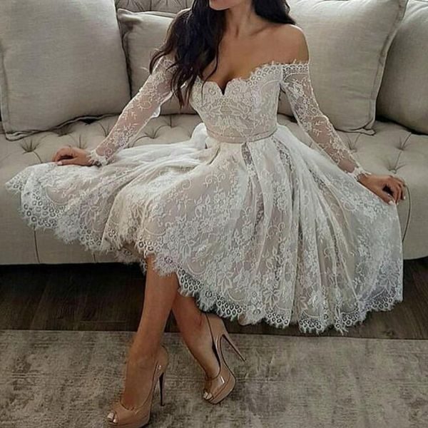 

vintage lace off the shoulder a-line wedding dresses illusion long sleeves short tea length country arabic bridal gowns custom made, White