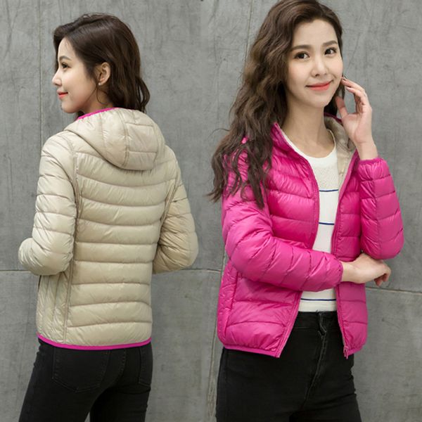 

2018 women spring hooded ultra light jacket plus size white duck down female overcoat slim two side wear coat parkas yp0878, Black