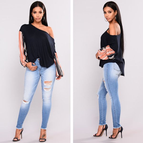 

2018 washed fashion stretch ripped jeans women pants pencil trousers night club style long pants, Blue