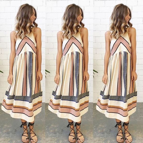 

2018 brand new women summer dress plus size o neck sleeveless long dress boho beach print stripe a line dresses vestido, Black;gray