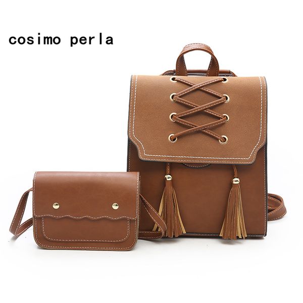 

british preppy style tassel backpack bag set 2018 new designer pu leather retro casual school student bookbag 2pcs purse bagpack