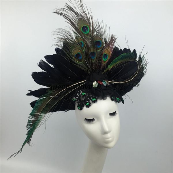 

lady luxury stage show feather headwear runway show peacock green feather floating exaggerated headdress portrait hat b-9549, Blue;gray
