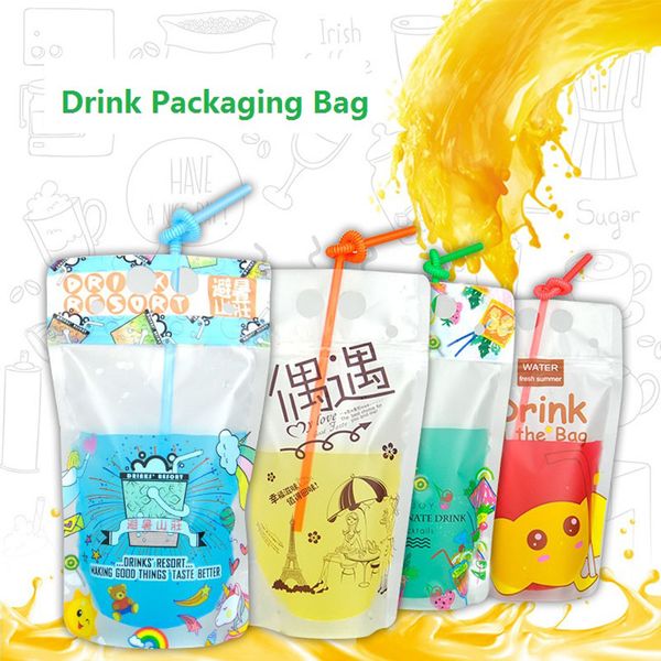 100 pçs / lote 500 ml Design Bonito Stand Up Bebida De Plástico Embalagem Saco Bolsa para Beber Água Suco De Leite Café, com Furo LZ1078