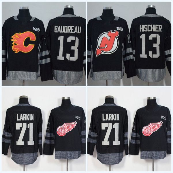 

Mens 100th Anniversary 13 Nico Hischier 13 Johnny Gaudreau 71 Dylan Larkin Black Ice Hockey Jerseys All Stitched Free Shipping