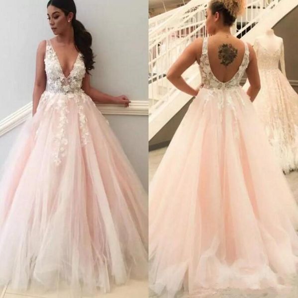 Discount Lorie Pink Themed Wedding Dresses Beach A Line Tulle Appliqued Plunging Neck Sweep Train Plus Size Lace Boho Backless Bridal Gowns Bridal