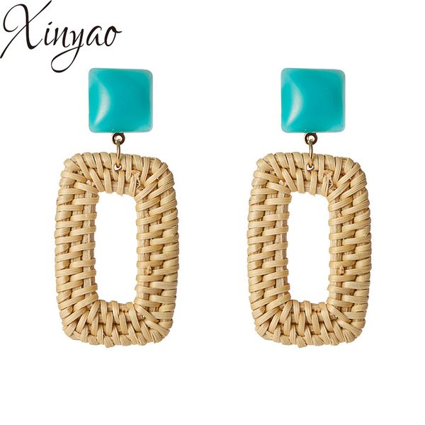 

xinyao trendy square rattan straw weave dangle earrings for women 2018 fashion handmade geometric acrylic beads earrings gifts, Silver
