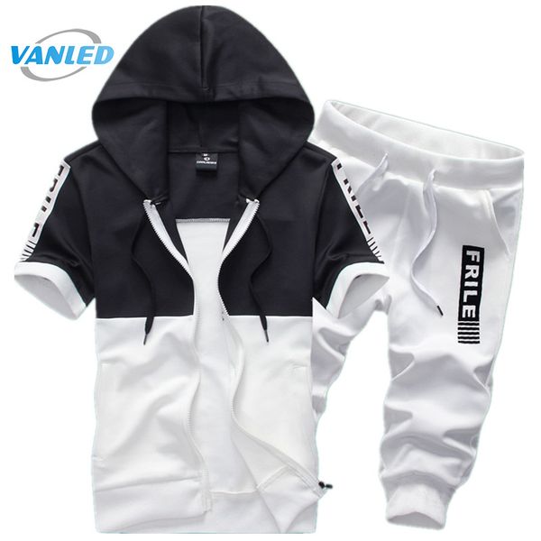 

men movement male 2017 fashion boutique men's short sleeve hoodie + casual pants summer shorts 2pcs male sportsuit, Black