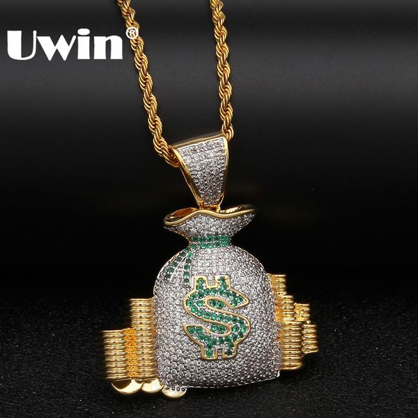 

uwin luxury jewelry rich us money bag coin stack necklace& chain gold color bling iced out cz cubic zircona pendant hiphop, Silver